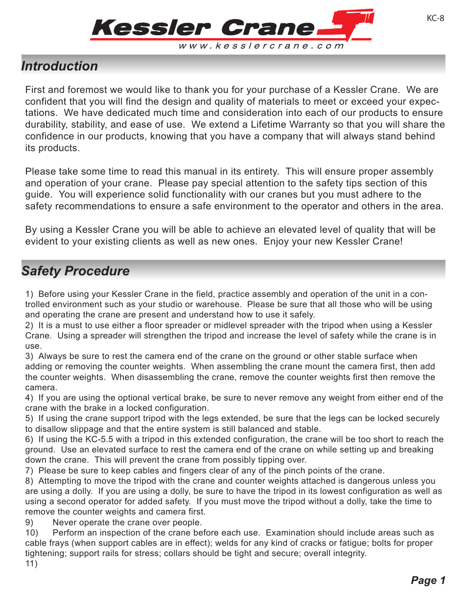 Kessler Crane: KC-8 User Manual | 5 pages