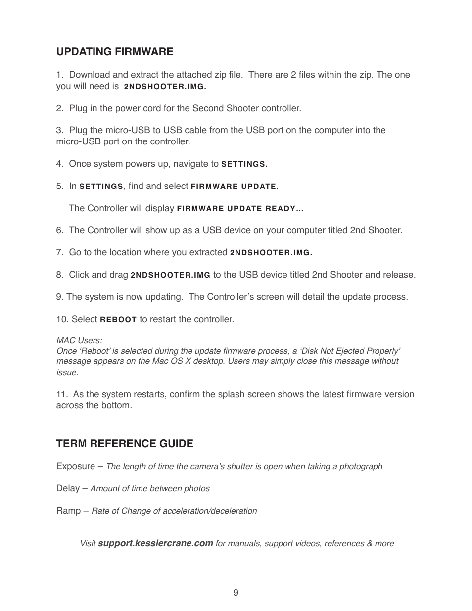 Updating firmware, Term reference guide | Kessler MOTION CONTROL: Second Shooter User Manual | Page 9 / 9