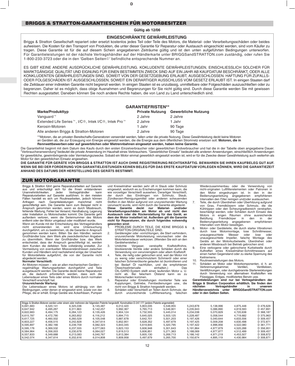 Briggs & stratton-garantieschein für motorbesitzer, Zur motorgarantie, Eingeschränkte gewährleistung | Garantiefristen | Briggs & Stratton 245400 User Manual | Page 14 / 76