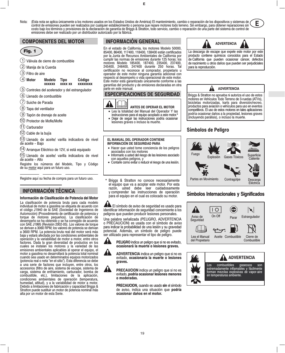 Componentes del motor, Información técnica, Información general | Especificaciones de seguridad, Símbolos de peligro, Símbolos internacionales y significados | Briggs & Stratton 245400 User Manual | Page 21 / 76