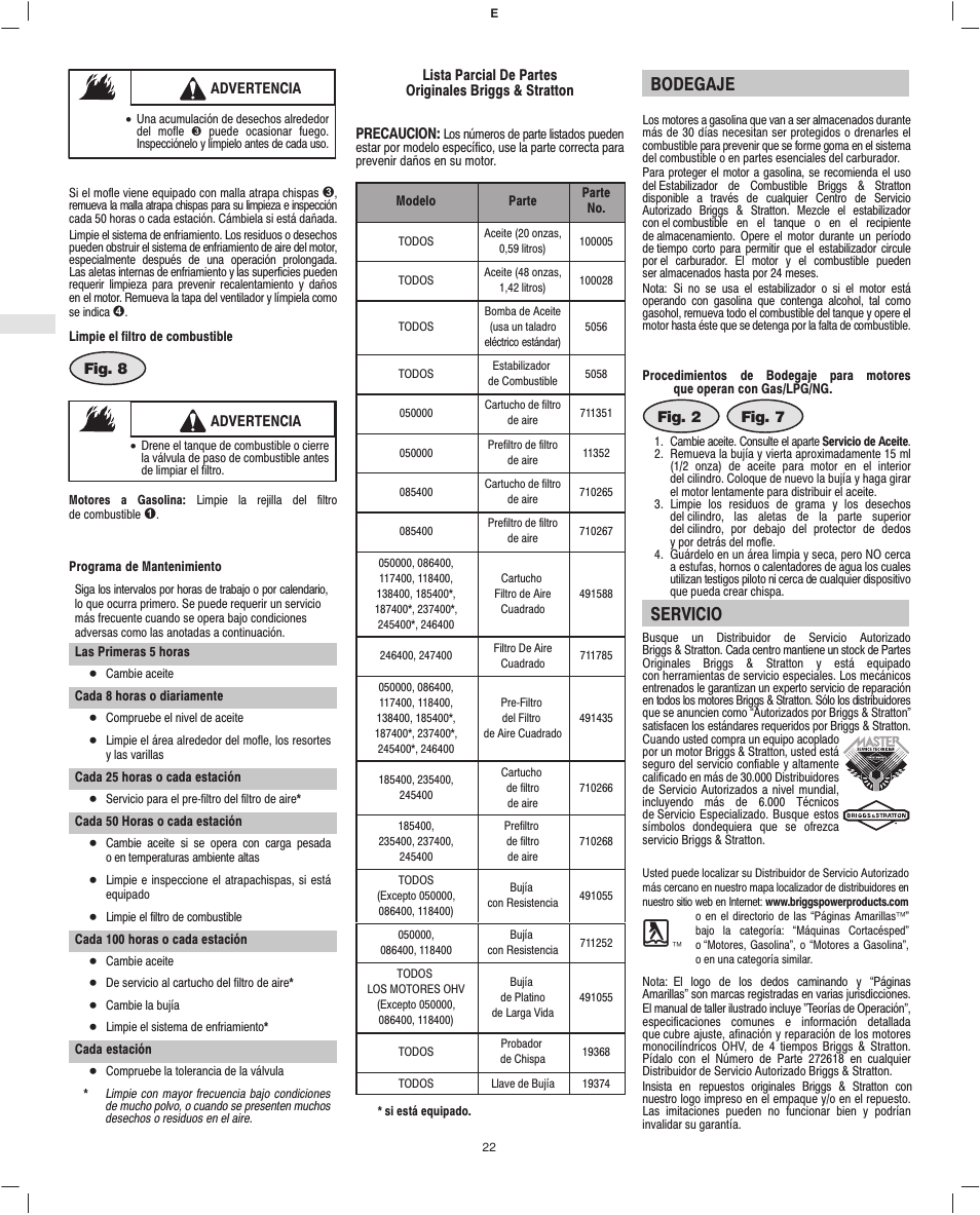 Bodegaje, Servicio | Briggs & Stratton 245400 User Manual | Page 24 / 76