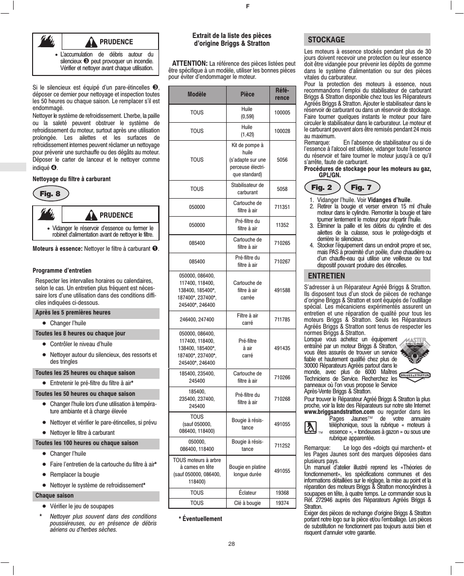 Stockage, Entretien | Briggs & Stratton 245400 User Manual | Page 30 / 76