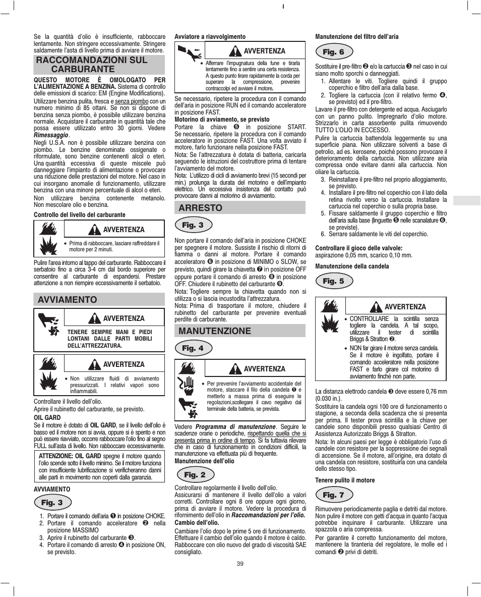 Raccomandazioni sul carburante, Avviamento, Arresto | Manutenzione | Briggs & Stratton 245400 User Manual | Page 41 / 76