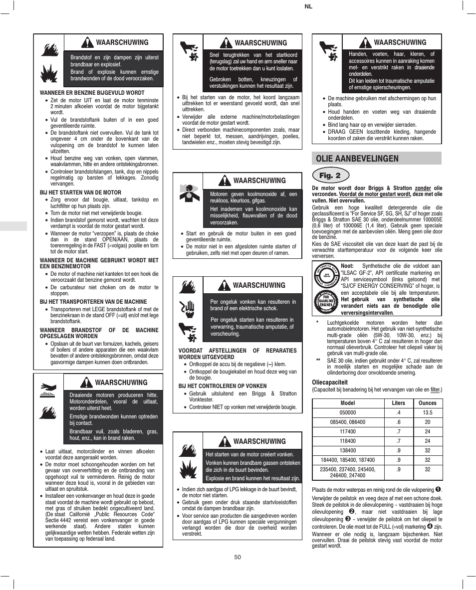 Olie aanbevelingen | Briggs & Stratton 245400 User Manual | Page 52 / 76