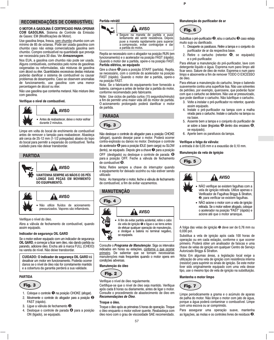 Recomendações de combustível, Partida, Parada | Manutenção | Briggs & Stratton 245400 User Manual | Page 59 / 76