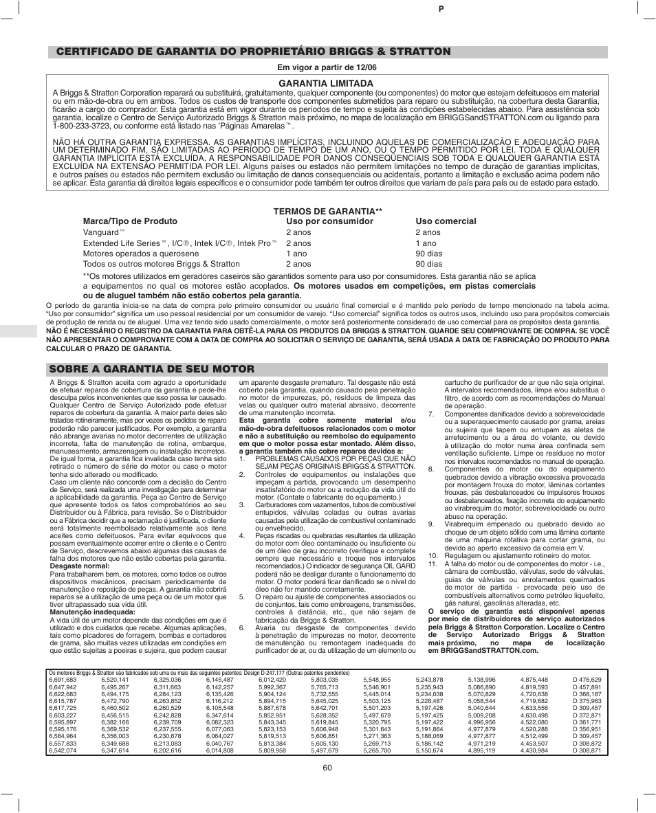 Sobre a garantia de seu motor, Garantia limitada | Briggs & Stratton 245400 User Manual | Page 62 / 76