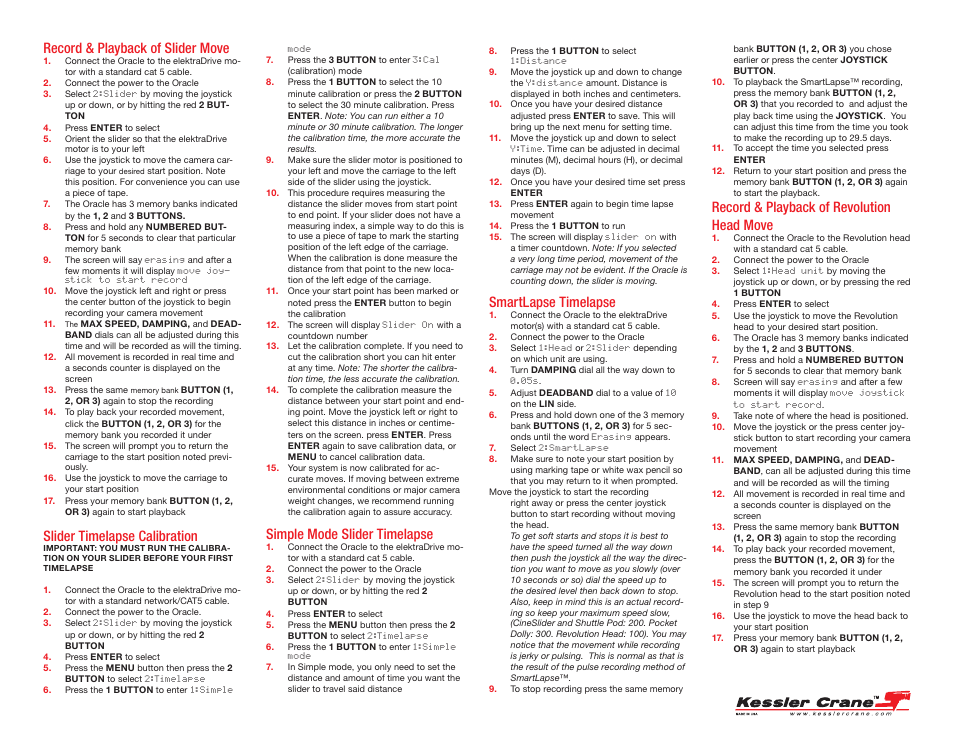 Record & playback of slider move, Simple mode slider timelapse, Slider timelapse calibration | Record & playback of revolution head move, Smartlapse timelapse | Kessler MOTION CONTROL: Oracle Controller Quick Start (2.04 SL) User Manual | Page 2 / 2