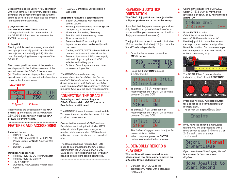 Features and accessories, Connecting the oracle, Reversing joystick orientation | Slider/dolly record & playback | Kessler MOTION CONTROL: Oracle Controller Full (2.04 SL) User Manual | Page 4 / 14