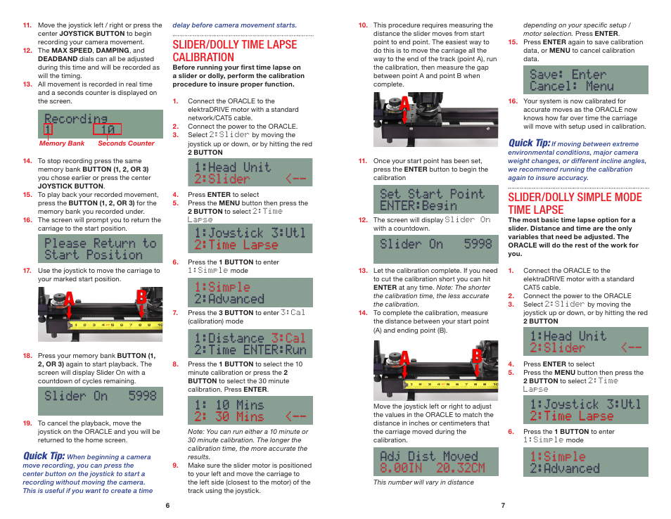 Slider/dolly time lapse calibration, Slider/dolly simple mode time lapse, Quick tip | Kessler MOTION CONTROL: Oracle Controller Full (2.04 SL) User Manual | Page 5 / 14