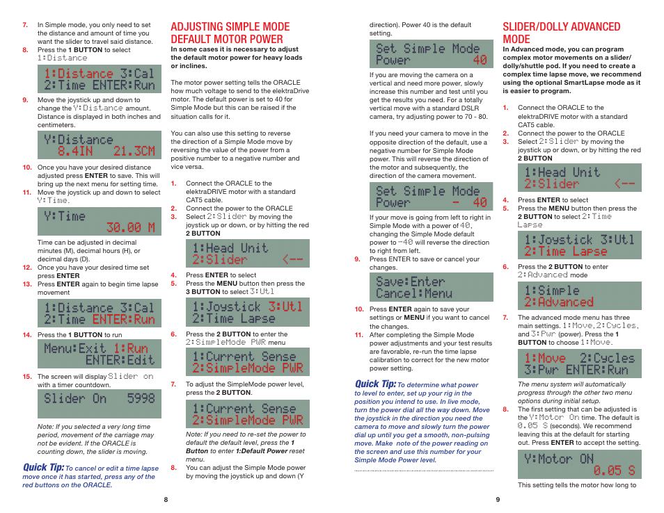 Adjusting simple mode default motor power, Slider/dolly advanced mode, Quick tip | Kessler MOTION CONTROL: Oracle Controller Full (2.04 SL) User Manual | Page 6 / 14