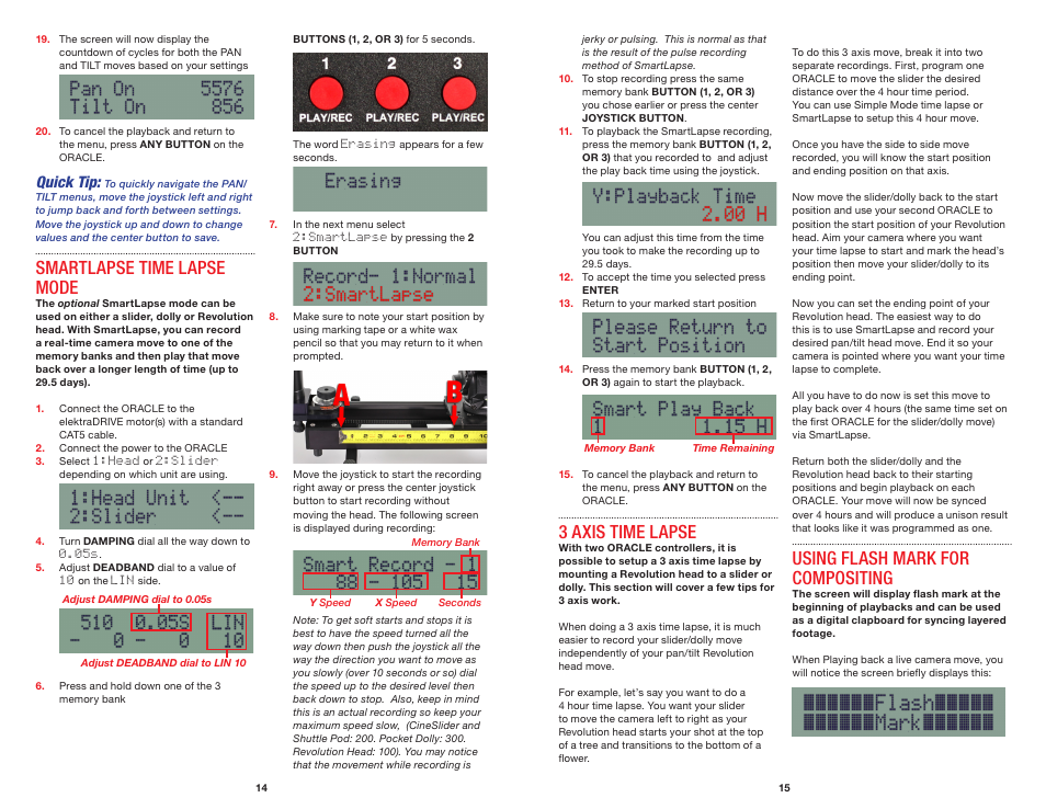 Smartlapse time lapse mode, 3 axis time lapse, Using flash mark for compositing | Quick tip | Kessler MOTION CONTROL: Oracle Controller Full (2.04 SL) User Manual | Page 9 / 14