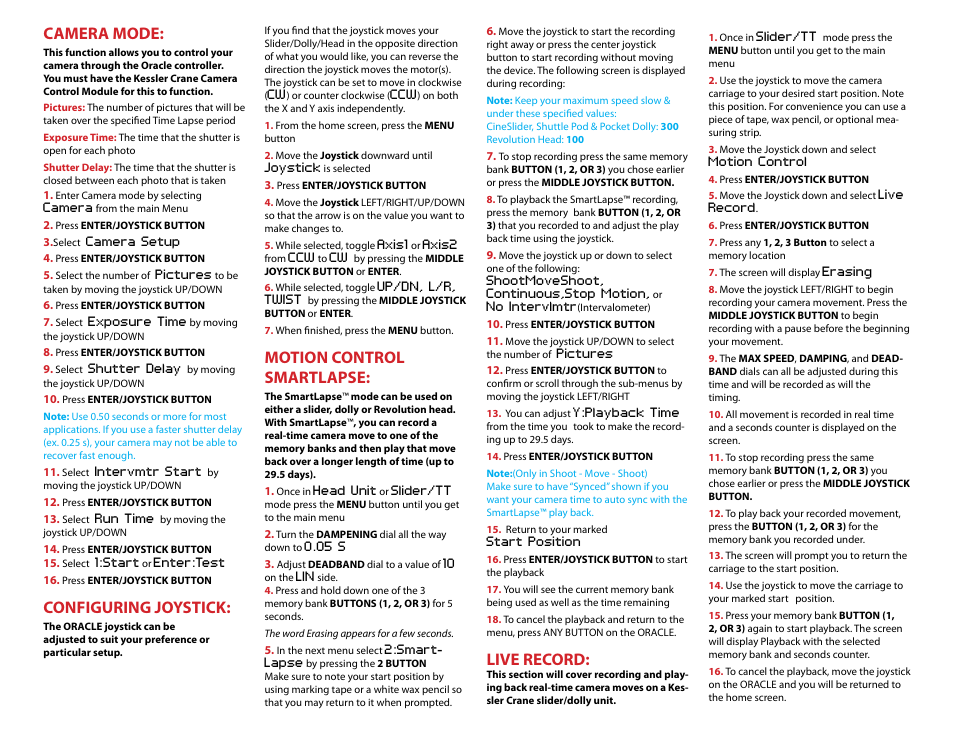 Camera mode, Configuring joystick, Live record | Motion control smartlapse | Kessler MOTION CONTROL: Oracle Controller Quick Start (2.06.2 SL) User Manual | Page 2 / 2