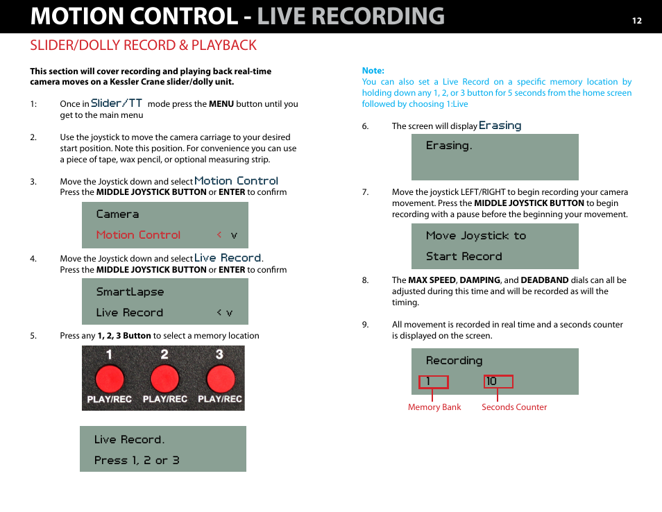 Motion control 1.) live recording a.) slider -13, Motion control - live recording, Slider/dolly record & playback | Kessler MOTION CONTROL: Oracle Controller Full (2.06.2 SL) User Manual | Page 12 / 43