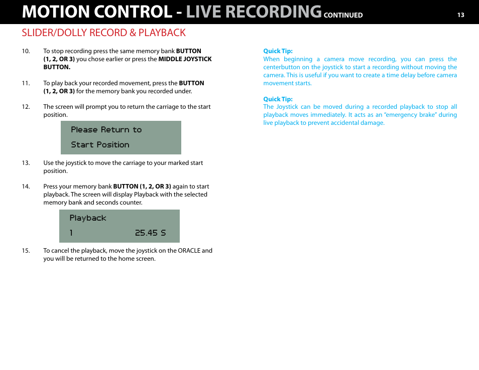 Motion control - live recording, Slider/dolly record & playback | Kessler MOTION CONTROL: Oracle Controller Full (2.06.2 SL) User Manual | Page 13 / 43