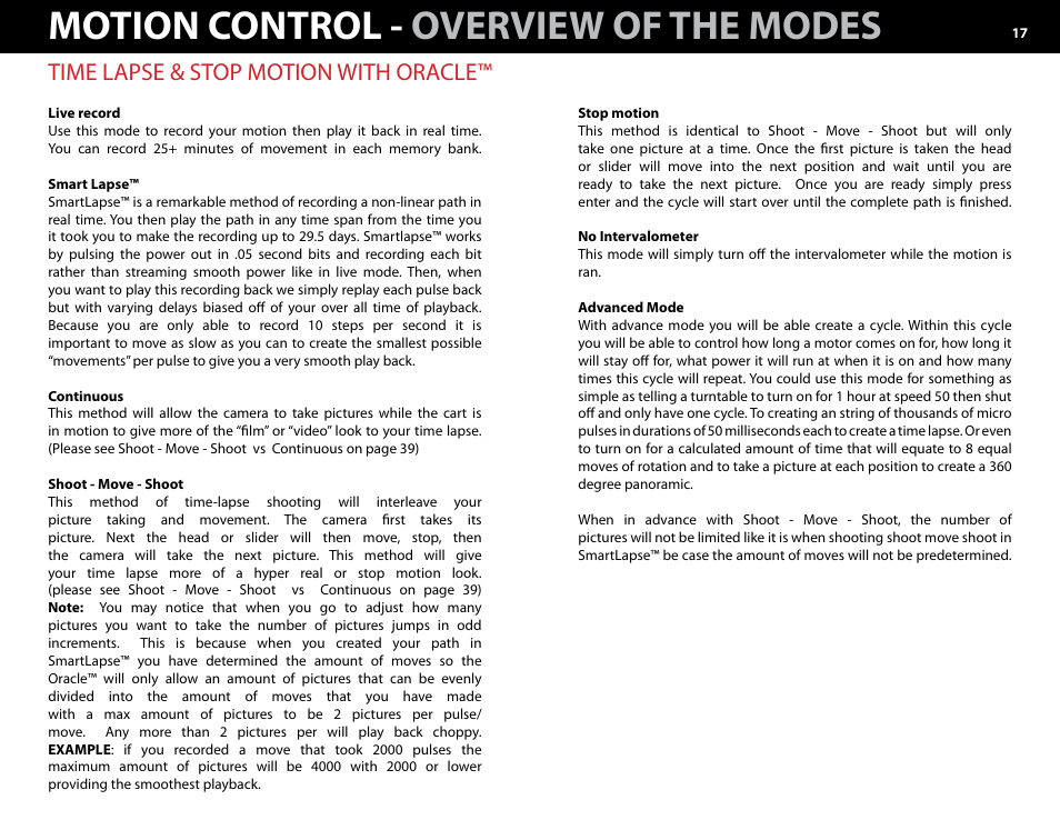 ) time lapse & stop motion with oracle, Motion control - overview of the modes, Time lapse & stop motion with oracle | Kessler MOTION CONTROL: Oracle Controller Full (2.06.2 SL) User Manual | Page 17 / 43
