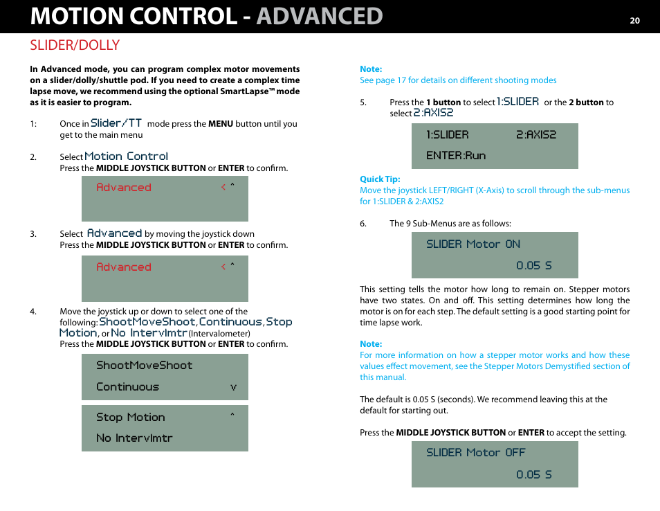 B.) advanced a.) slider -22, Motion control - advanced, Slider/dolly | Kessler MOTION CONTROL: Oracle Controller Full (2.06.2 SL) User Manual | Page 20 / 43