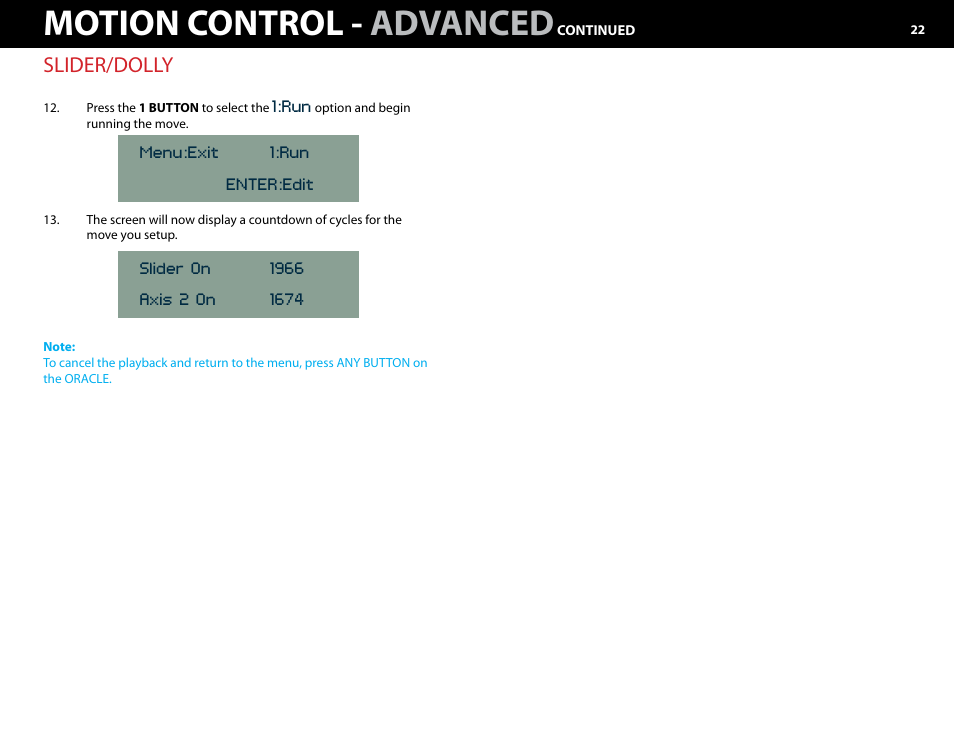 Motion control - advanced, Slider/dolly | Kessler MOTION CONTROL: Oracle Controller Full (2.06.2 SL) User Manual | Page 22 / 43