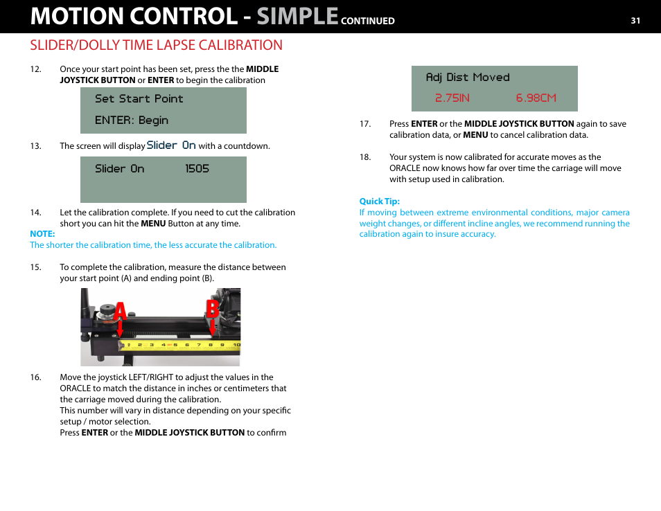 Motion control - simple, Slider/dolly time lapse calibration | Kessler MOTION CONTROL: Oracle Controller Full (2.06.2 SL) User Manual | Page 31 / 43