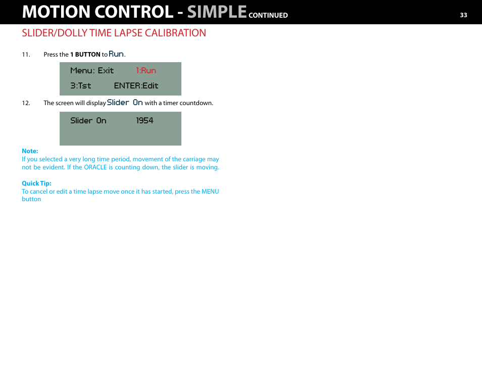 Motion control - simple, Slider/dolly time lapse calibration | Kessler MOTION CONTROL: Oracle Controller Full (2.06.2 SL) User Manual | Page 33 / 43