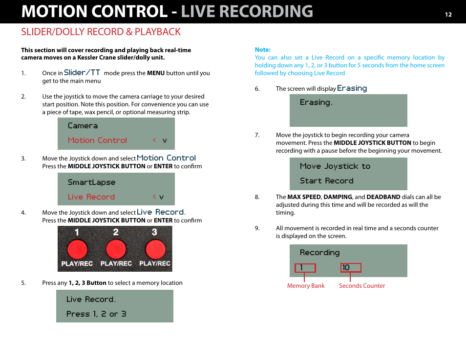 Motion control 1.) live recording a.) slider -13, Motion control - live recording, Slider/dolly record & playback | Kessler MOTION CONTROL: Oracle Controller Full (3.02 SL) User Manual | Page 12 / 43