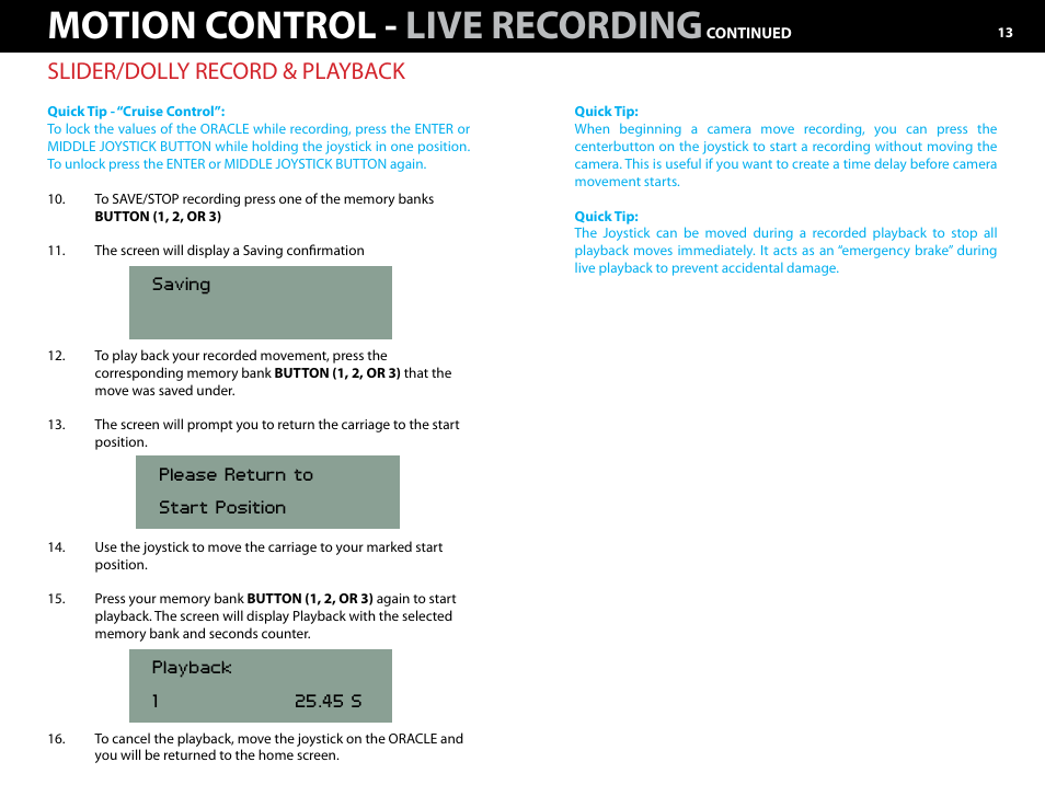 Motion control - live recording, Slider/dolly record & playback | Kessler MOTION CONTROL: Oracle Controller Full (3.02 SL) User Manual | Page 13 / 43