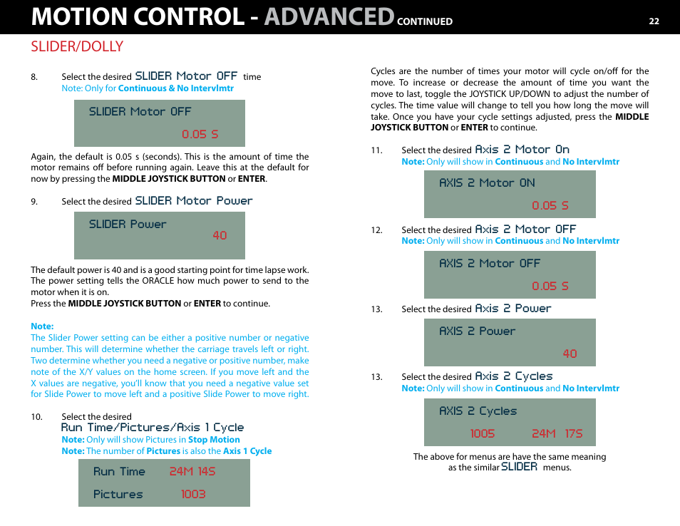 Motion control - advanced, Slider/dolly | Kessler MOTION CONTROL: Oracle Controller Full (3.02 SL) User Manual | Page 22 / 43