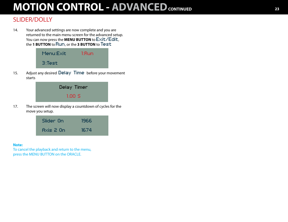 Motion control - advanced, Slider/dolly | Kessler MOTION CONTROL: Oracle Controller Full (3.02 SL) User Manual | Page 23 / 43