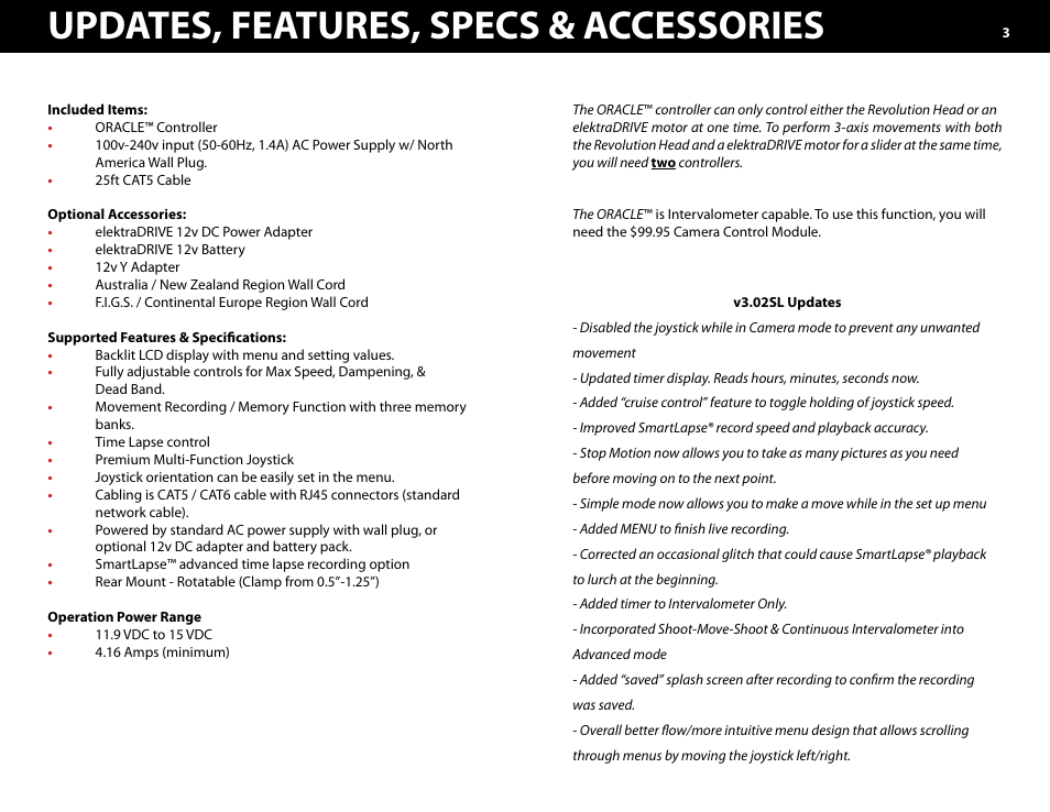 Features, specs & accessories, Updates, features, specs & accessories | Kessler MOTION CONTROL: Oracle Controller Full (3.02 SL) User Manual | Page 3 / 43