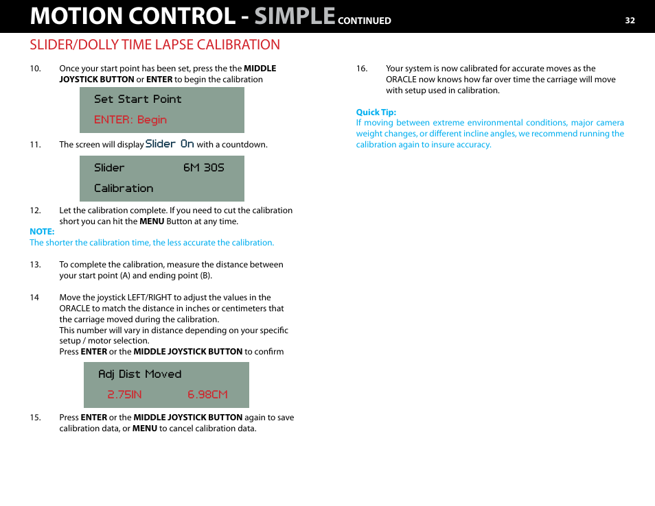 Motion control - simple, Slider/dolly time lapse calibration | Kessler MOTION CONTROL: Oracle Controller Full (3.02 SL) User Manual | Page 32 / 43