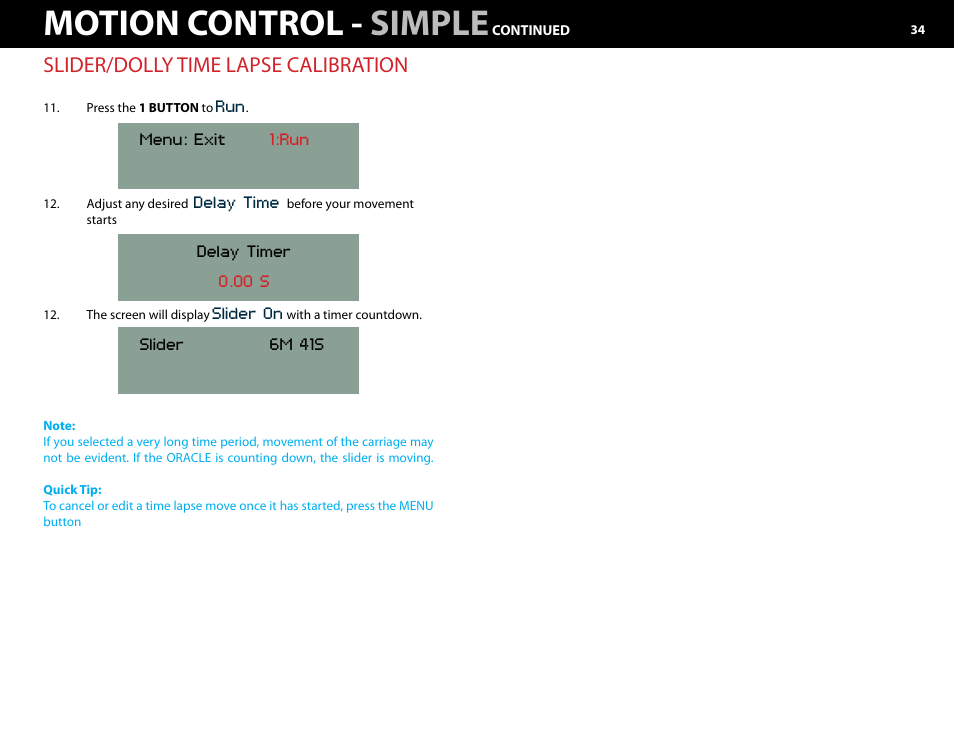 Motion control - simple, Slider/dolly time lapse calibration | Kessler MOTION CONTROL: Oracle Controller Full (3.02 SL) User Manual | Page 34 / 43