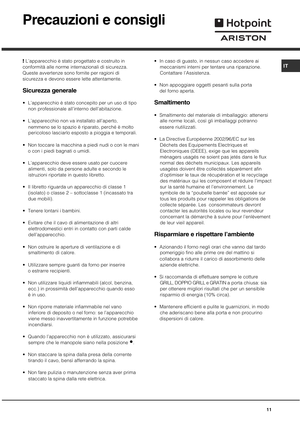 Precauzioni e consigli | Hotpoint Ariston C 35S P6 R/HA User Manual | Page 11 / 76