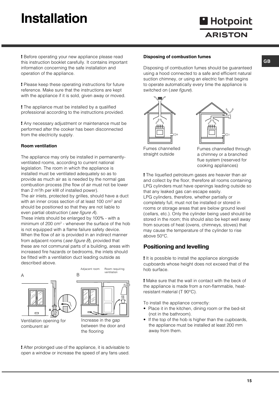 Installation, Positioning and levelling | Hotpoint Ariston C 35S P6 R/HA User Manual | Page 15 / 76