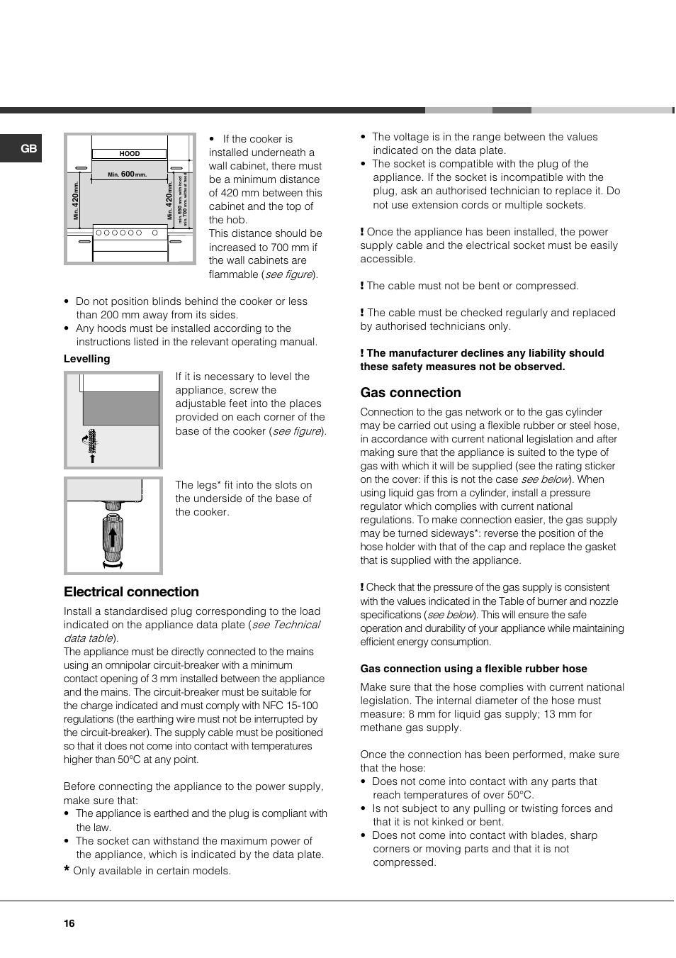 Electrical connection, Gas connection | Hotpoint Ariston C 35S P6 R/HA User Manual | Page 16 / 76