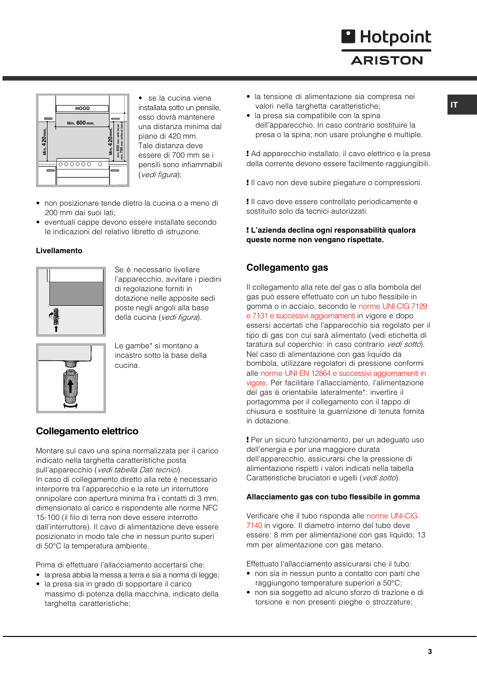 Collegamento elettrico, Collegamento gas | Hotpoint Ariston C 35S P6 R/HA User Manual | Page 3 / 76