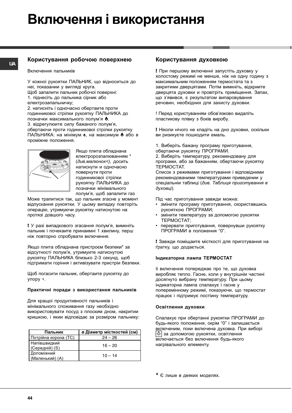 Включення ³ використання, Користування робочою поверхнею, Користування духовкою | Hotpoint Ariston C 35S P6 R/HA User Manual | Page 44 / 76