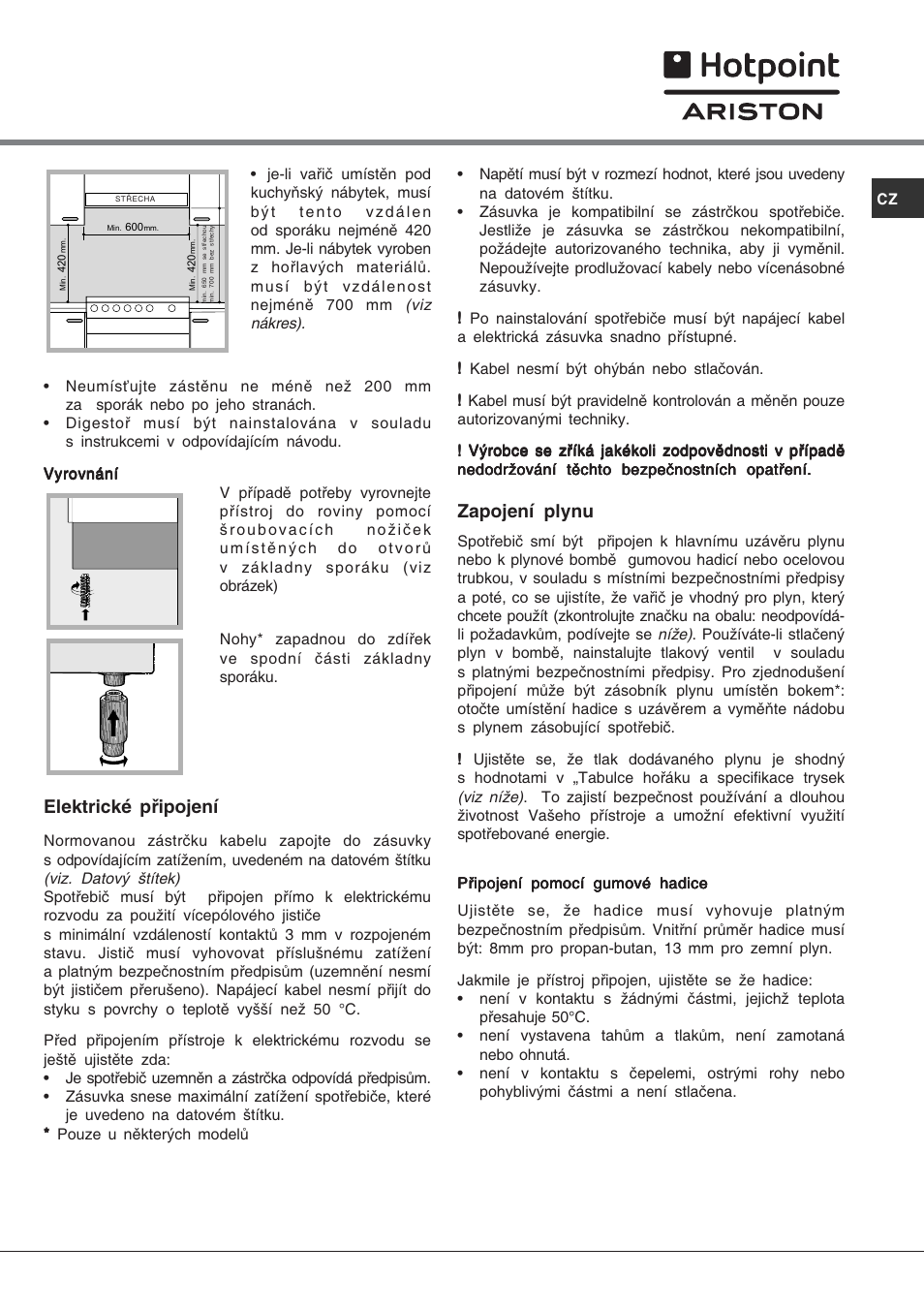 Elektrické připojení, Zapojení plynu | Hotpoint Ariston C 35S P6 R/HA User Manual | Page 65 / 76