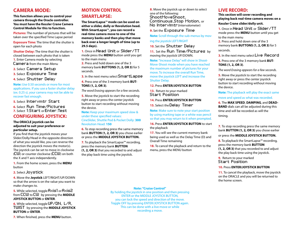 Camera mode, Configuring joystick, Live record | Motion control smartlapse | Kessler MOTION CONTROL: Controller Quick Start (3.02 SL) User Manual | Page 2 / 2