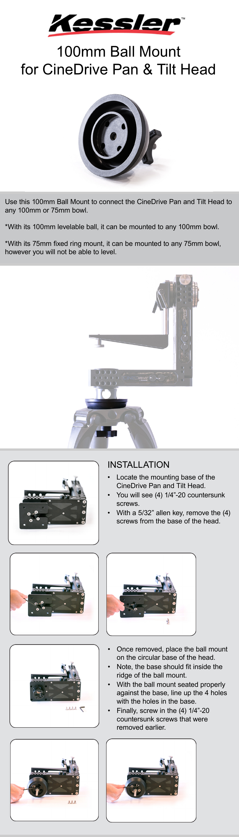 Kessler MOUNTING & GRIP: 100mm Ball Mount for CineDrive Pan & Tilt Head User Manual | 1 page
