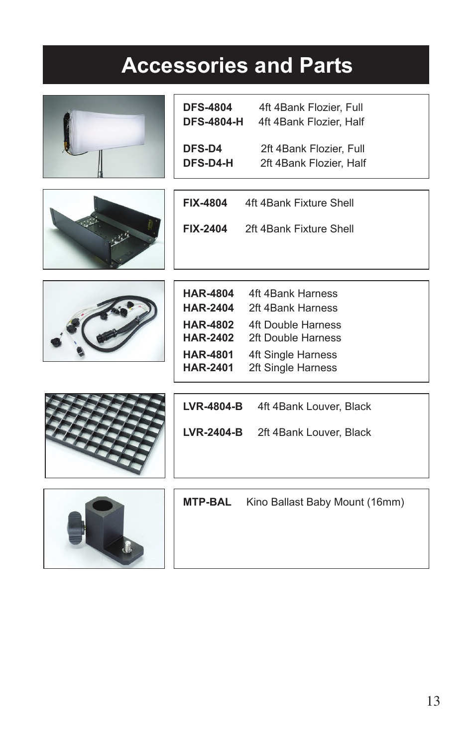 Accessories and parts | Kino Flo 4Bank DMX (BAL-457) User Manual | Page 13 / 16
