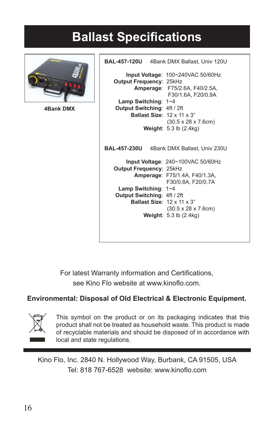 Ballast specifications | Kino Flo 4Bank DMX (BAL-457) User Manual | Page 16 / 16