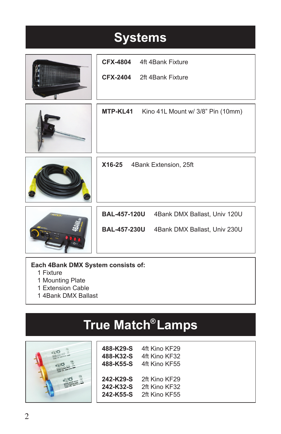 Systems, True match, Lamps | Kino Flo 4Bank DMX (BAL-457) User Manual | Page 2 / 16