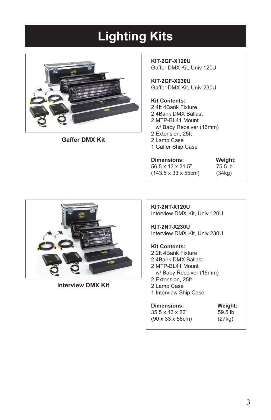 Lighting kits | Kino Flo 4Bank DMX (BAL-457) User Manual | Page 3 / 16