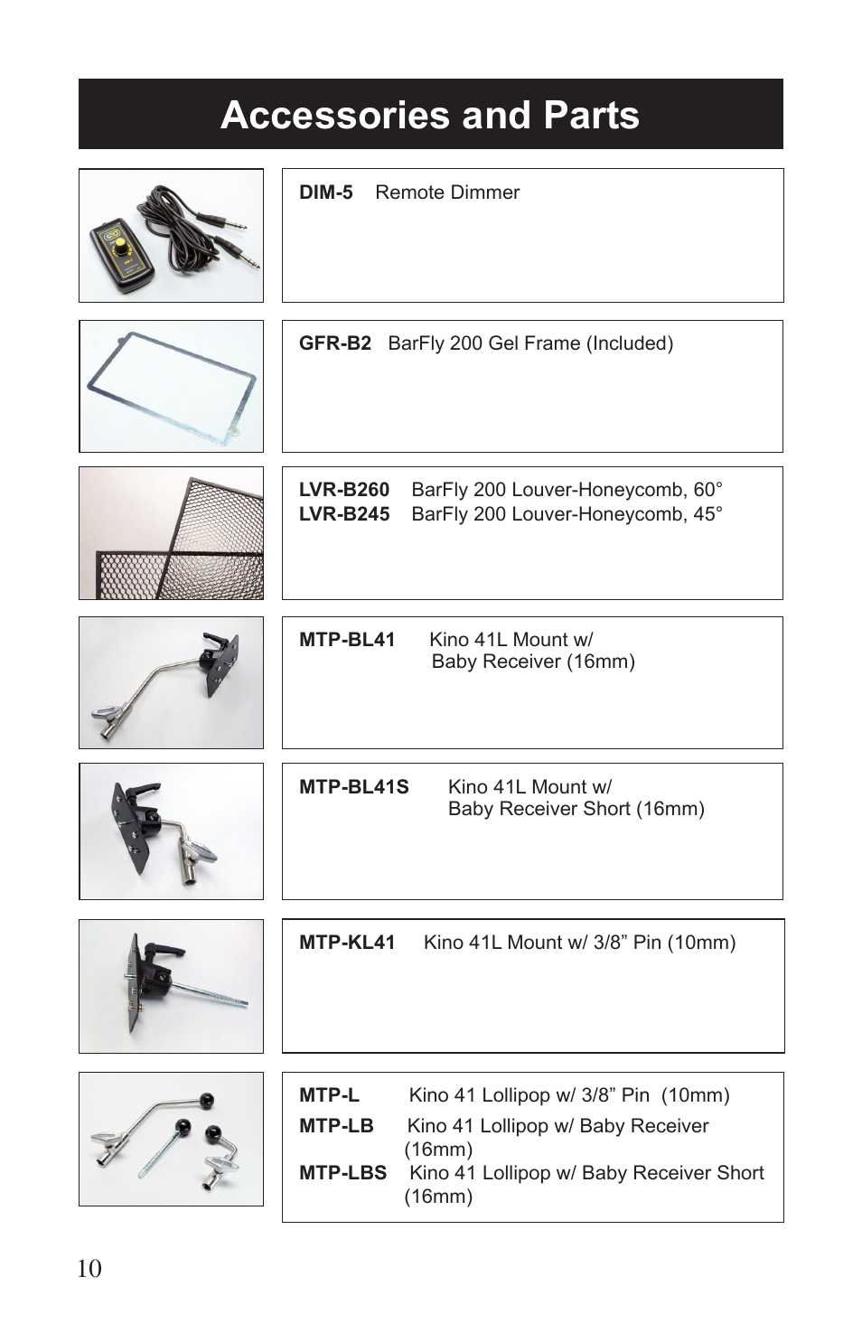 Accessories and parts | Kino Flo BarFly 200D User Manual | Page 10 / 12