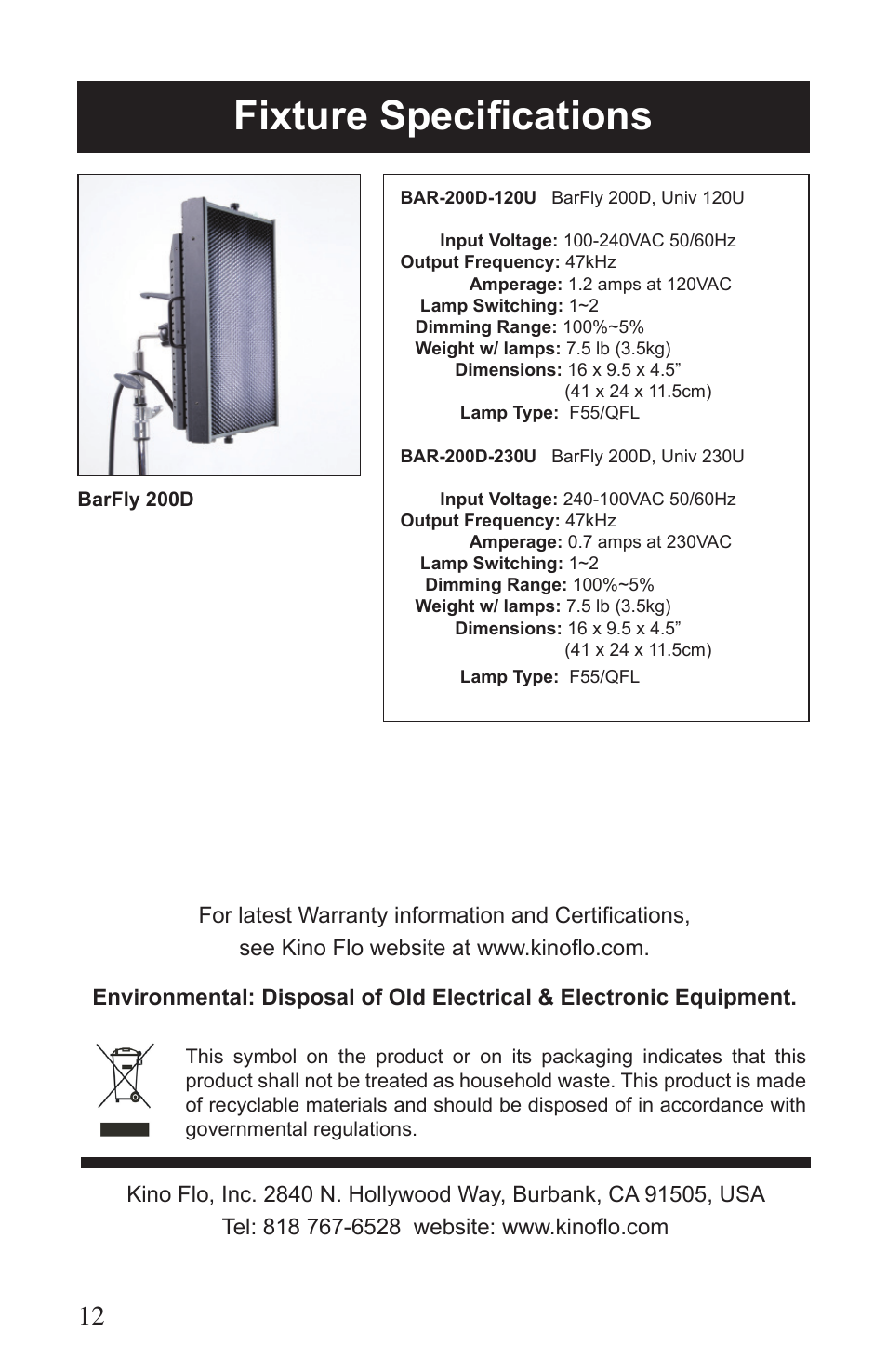 Fixture specifications | Kino Flo BarFly 200D User Manual | Page 12 / 12