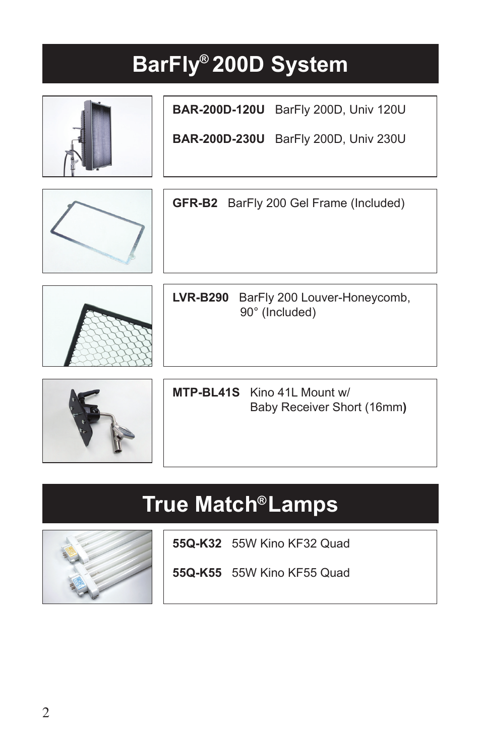 Barfly 200d system true match, Lamps | Kino Flo BarFly 200D User Manual | Page 2 / 12
