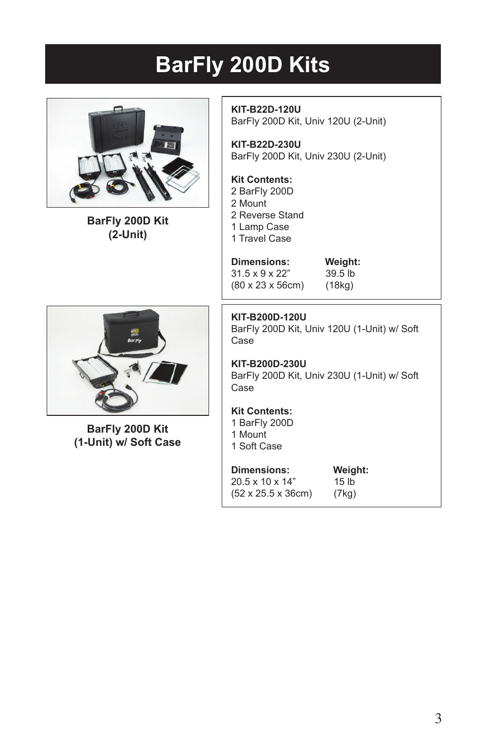 Barfly 200d kits | Kino Flo BarFly 200D User Manual | Page 3 / 12