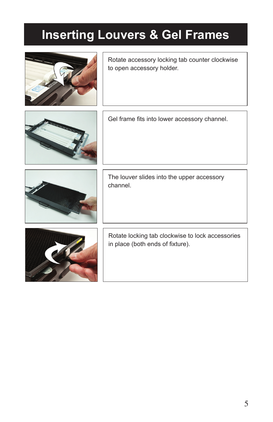 Inserting louvers & gel frames | Kino Flo BarFly 200D User Manual | Page 5 / 12