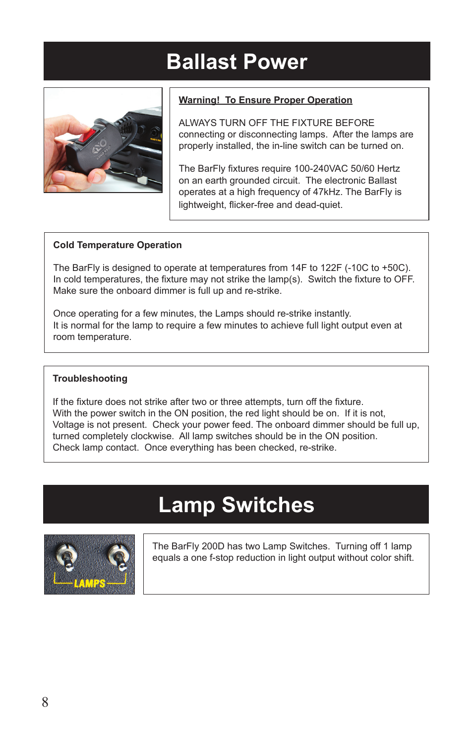Lamp switches ballast power | Kino Flo BarFly 200D User Manual | Page 8 / 12