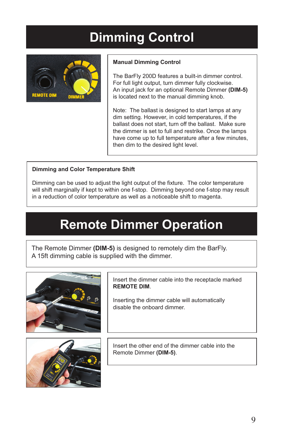 Remote dimmer operation, Dimming control | Kino Flo BarFly 200D User Manual | Page 9 / 12