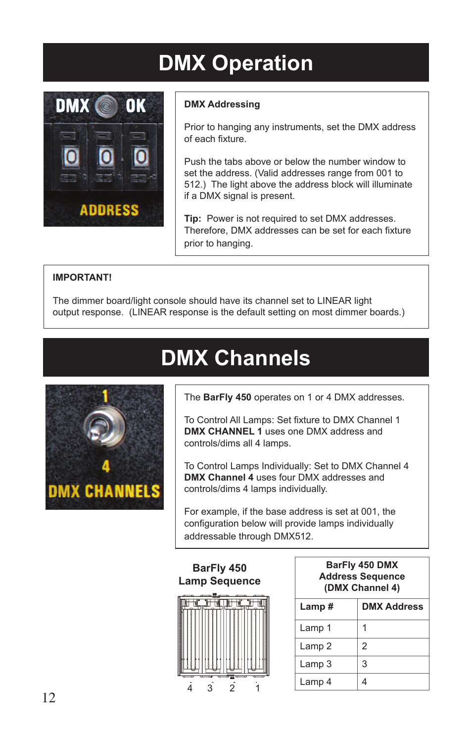 Dmx operation dmx channels | Kino Flo BarFly 450 DMX User Manual | Page 12 / 16